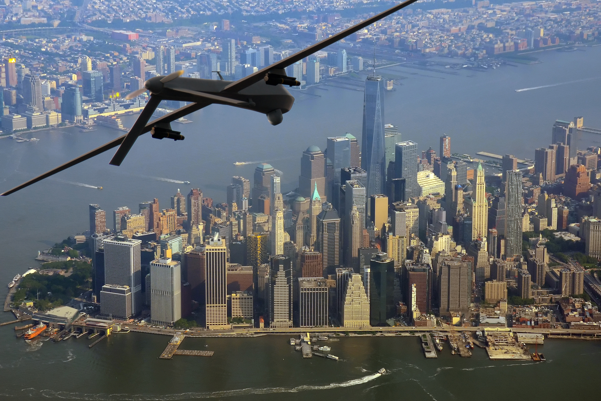 Surveillance,Drone,On,Patrol,Over,New,York,City,,Usa